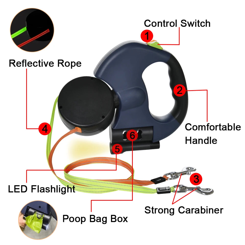 3M Retractable Dual Pet Leash  with Lights