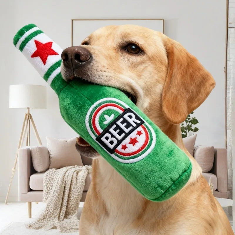 Realistic Beer Bottle Shape, Squeaking Dog Toy.
